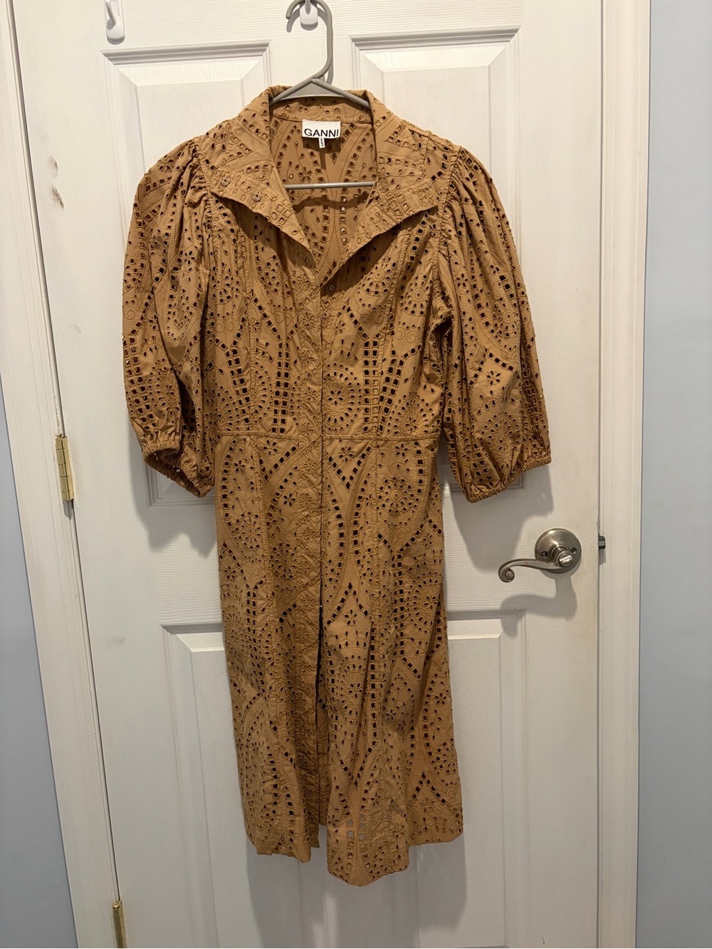 Ganni Tan Eyelet Midi Dress with Puff Sleeves - Picture 5 of 5